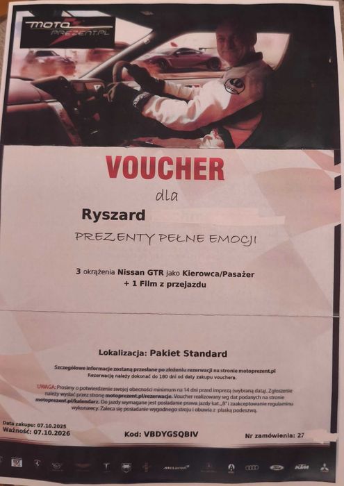 Voucher na przejazd motoprezent