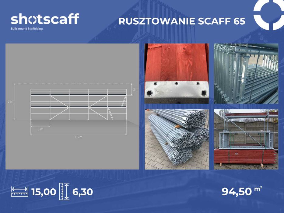 Rusztowanie stalowe budowlane typu RUX 6,3x15=95 m2 nowe podest 3m