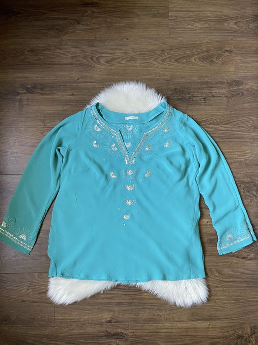 M&S Marks&Spencer turkusowa bluzka z wiskozy w cekiny srebrna 50 5XL