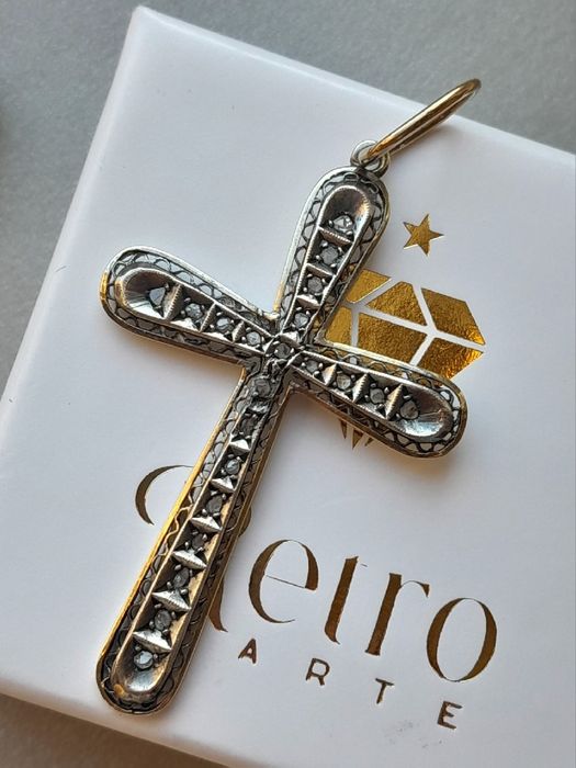 Antyk XIX w. Krzyż Diamenty Złoto Srebro Certyfikat
