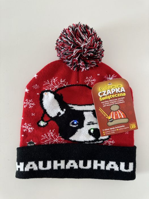 Czapka świecąca świąteczna led nowa buldog francuski czerwona