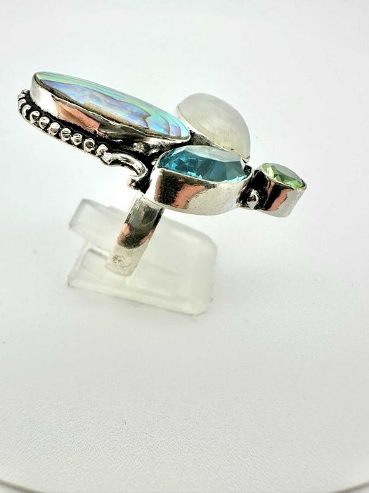 Pierścionek kamień księżycowy, topaz, muszla abalone paua. Próba 925