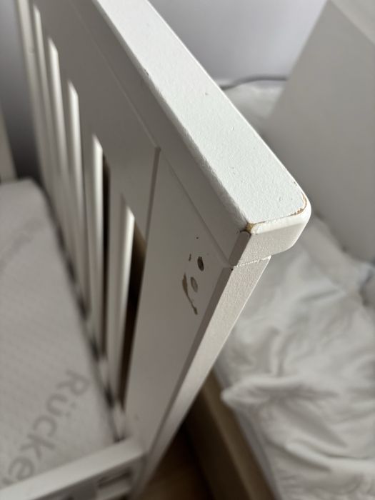 Łóżeczko Białe Klupś Iwo + Dostawka + materac Rucken Tencel