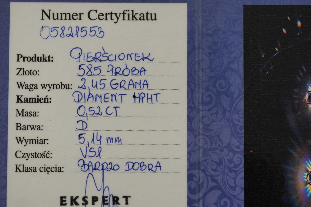 Pierścionek 585 zaręczynowy z brylantem HPHT 0,52CT D VS1 Certyfikat