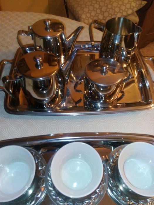 Stainless Steel Tea Kettle, Coffee Maker, Sugar Bowl, and Teacups – 24-Piece Set