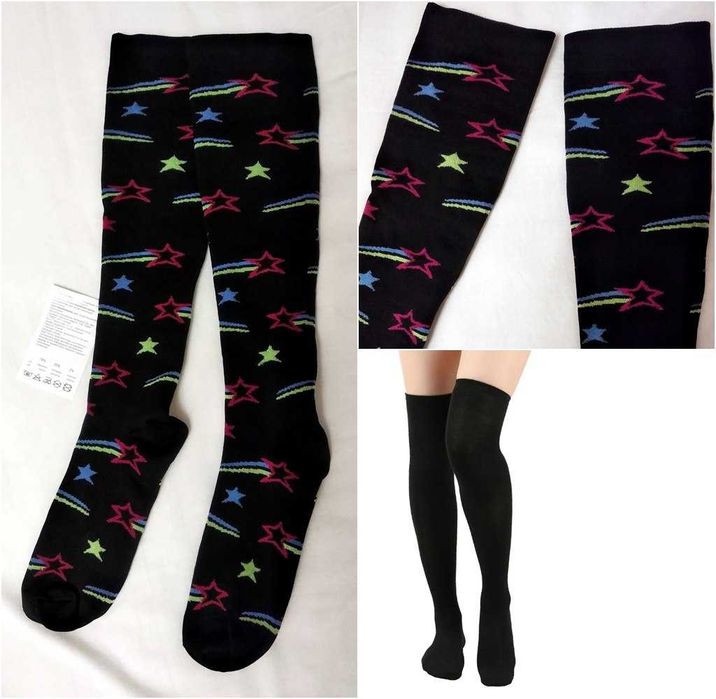 Гольфы на девочку подростковые за колено черные с рисунком (36-38)