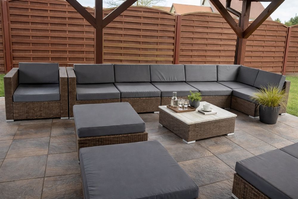 Duży zestaw ogrodowy technorattan narożnik + stolik + pufy