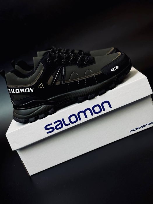 Кроссовки Salomon цвета хаки / тракторная подошва /гор текс +7-21 кожа