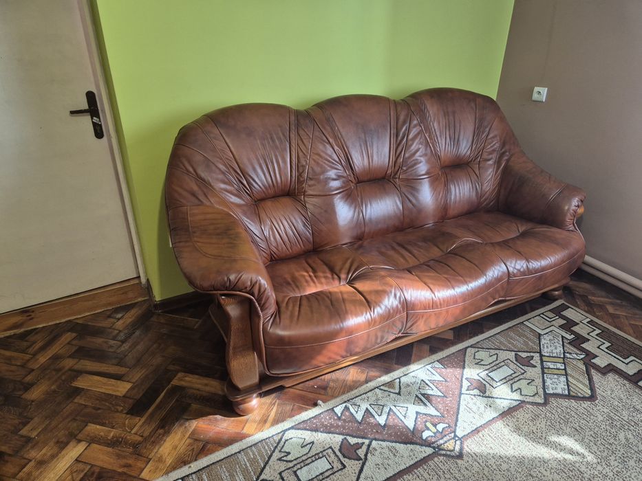 Komplet wypoczynkowy 3 2 1, skóra na drewnianym stelarzu