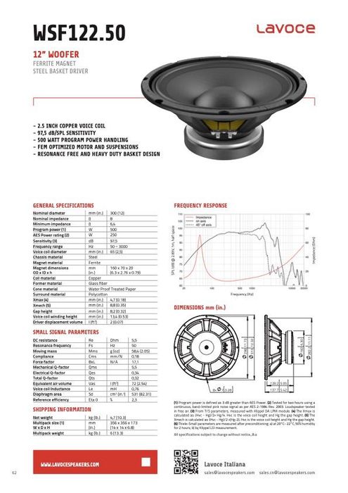 Динамік мідбас 12" Lavoce WSF122.50 (8ohm, 500w)
