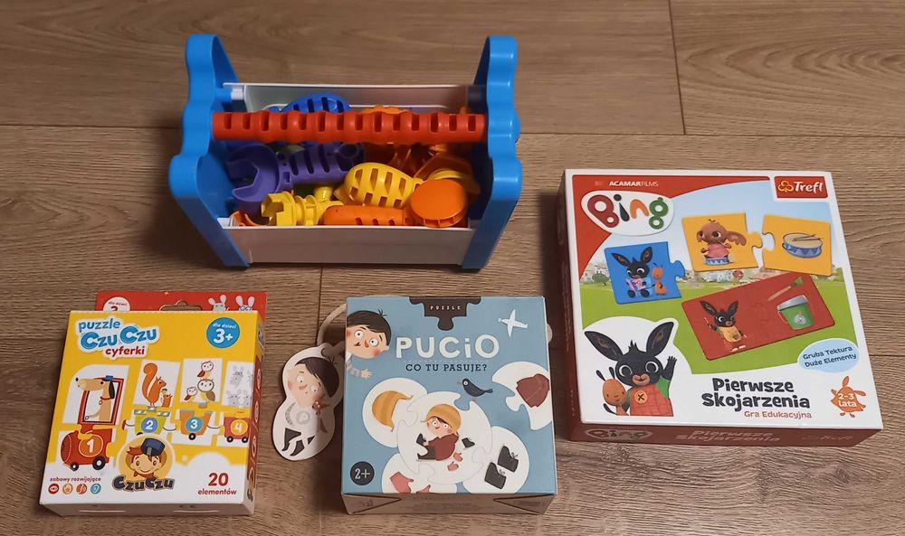 4szt x 12zł Pucio, Chicco, Bing, Puzzle, Cyferki  1+ 2+ 3+ stan bdb