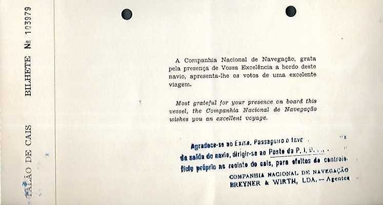 CNN - Companhia Nacional de Navegação - Bilhete de Passagem Antigo 1965 -  Lourenço Marques-Beira Moçambique