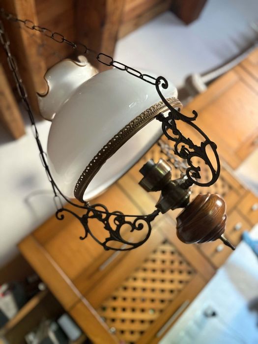 Rustykalna Lampa Wisząca Retro z Mosiądzu i Drewna Vintage