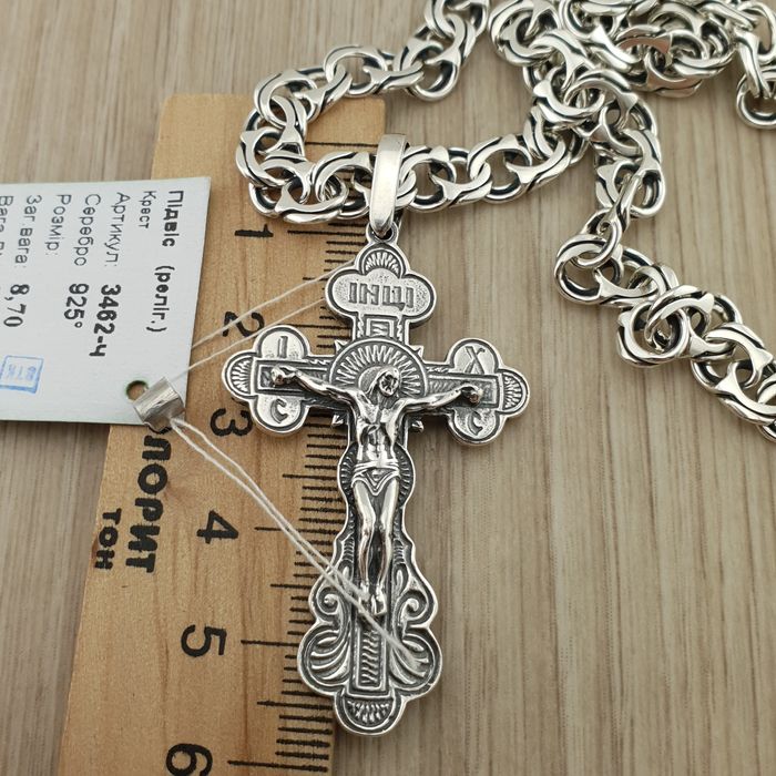 Чоловіча срібна цепочка з хрестиком ланцюжок Бісмарк широкий 925 проба