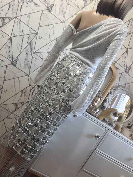 Asos piękna cekiny frędzle 42 XL impreza wesele sylwester