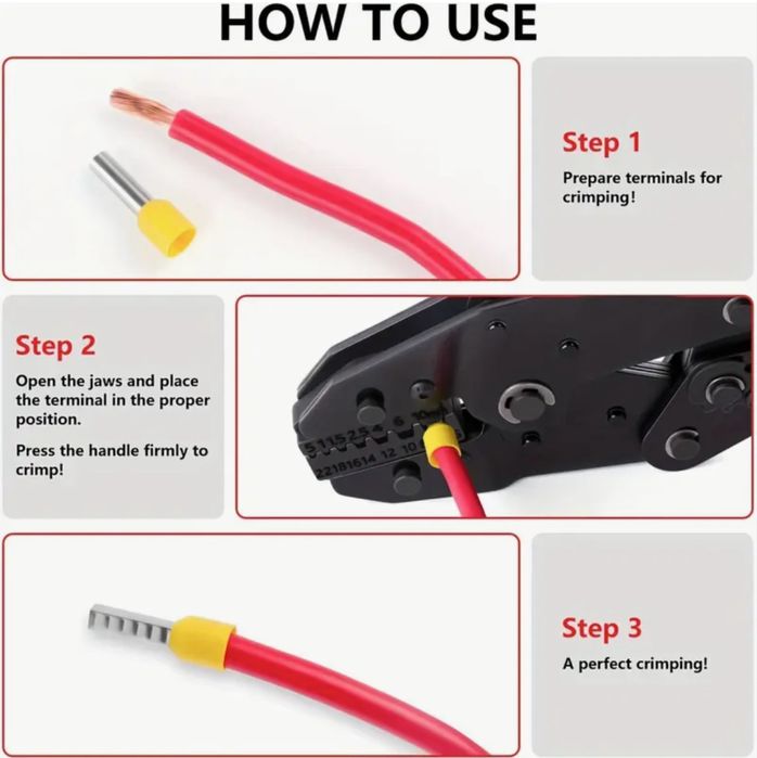 Alicate de Cravar terminais de ponteira c/ roquete 0.25 - 35mm²