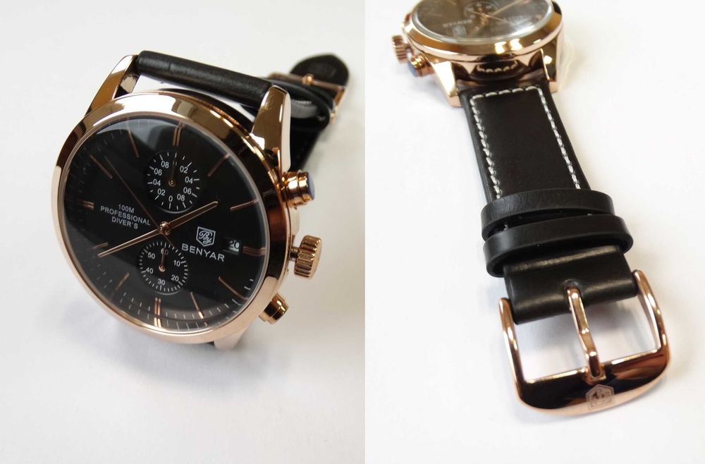 Zegarek złoty męski Benyar czarny na pasku skórzanym chronograf WR100m