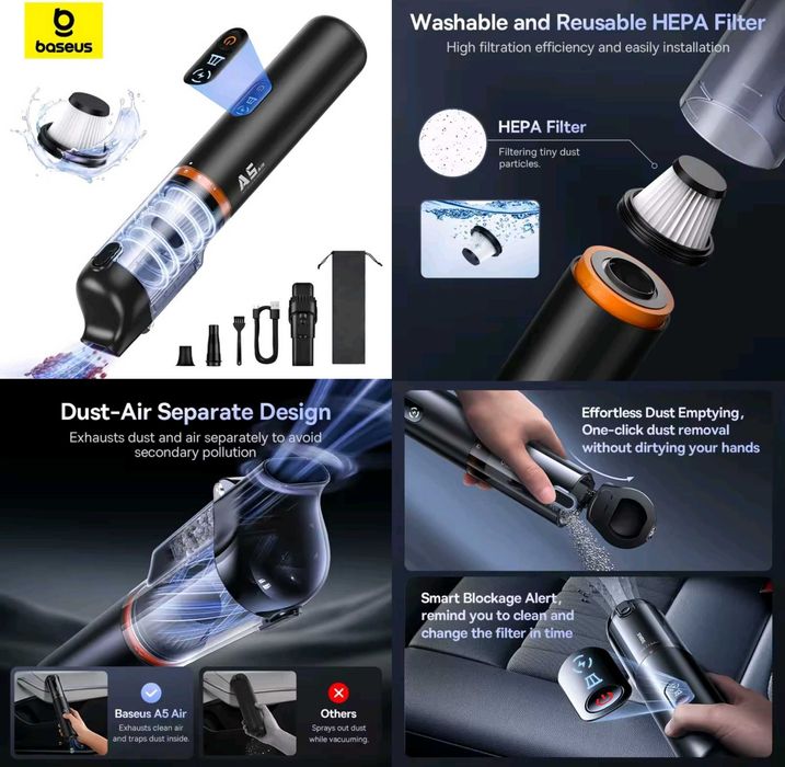 Пилосос Baseus A5 Air Car 12000Pa 2-в-1: портативний пилосос + надув
