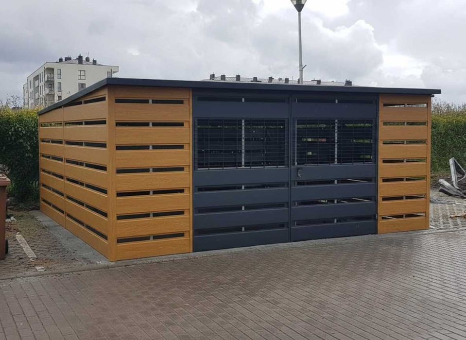 Wiata Śmietnikowa 5×3 m Drewnopodobna Spad na tył PREMIUM