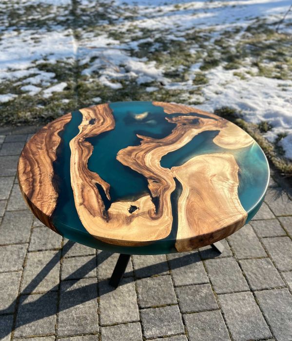 Stolik kawowy suar dąb orzech drewno szmaragdowa żywica loft #131