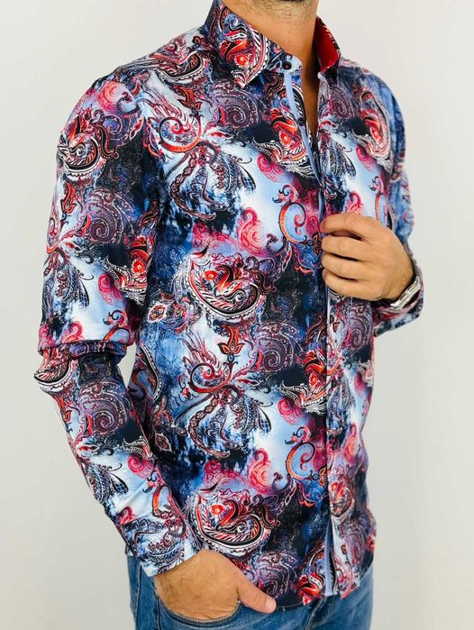 DANIEL BESSI Koszula męska fb103 kwiaty jeans czerwony niebieski