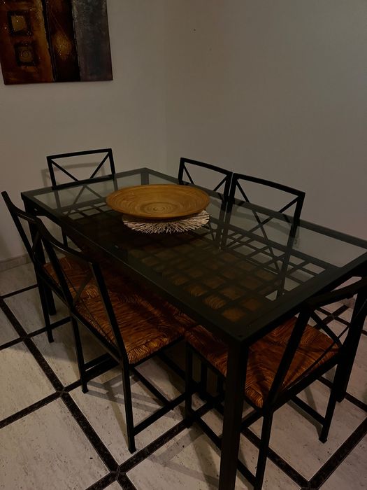 Mesa jantar vidro e 6 cadeiras