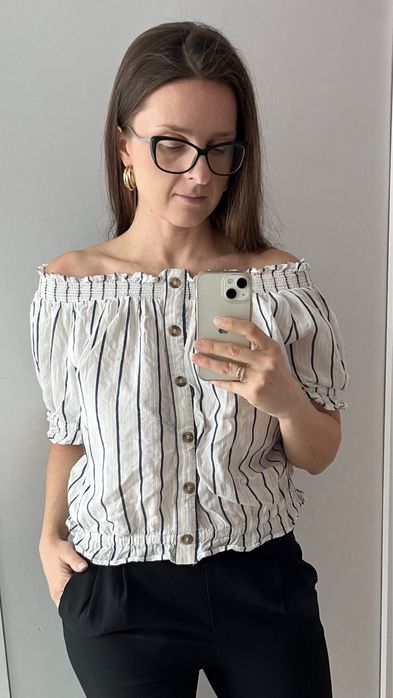 Bluzka Hiszpanka przewiewna H&M 44 w paski boho z guzikami