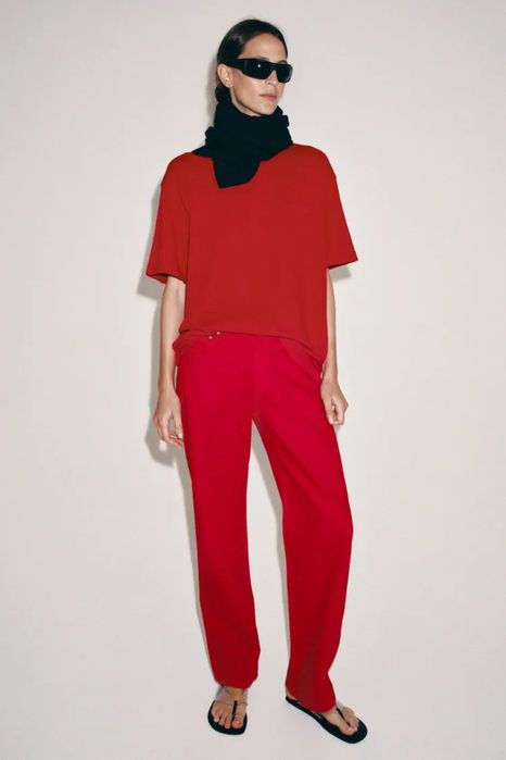 Джинси zara, zw collection mid-waist straight-leg jeans, червоні джинси zara, 9632/097/600