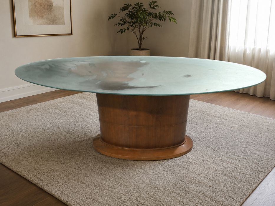 Mesa de jantar oval em cerejeira e vidro fosco temperado 180*108 cm