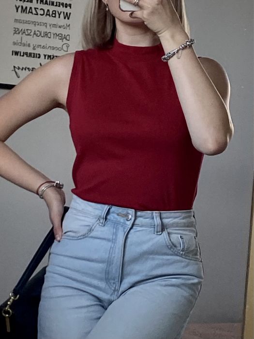 Czerwony top bez rękawów dekolt typu halter półgolf montego peek M 38