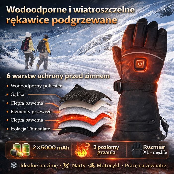 PODGRZEWANE  rękawice zimowe męskie XL akumulatorowe MINTHOUZ 2 x 5000