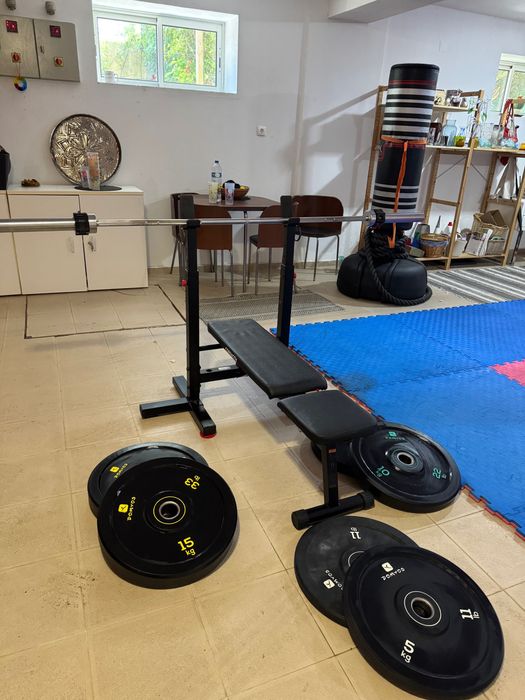 Conjunto Musculação Completo: Banco Dobrável + Barra + 60kg Discos Bumper Borracha