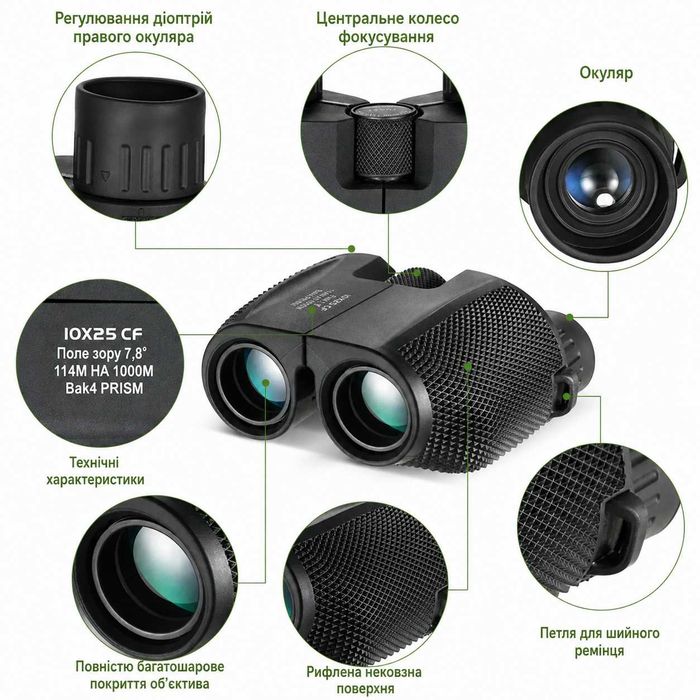 Бинокль 10×25 HD c покрытием BAK4 FMC компактный