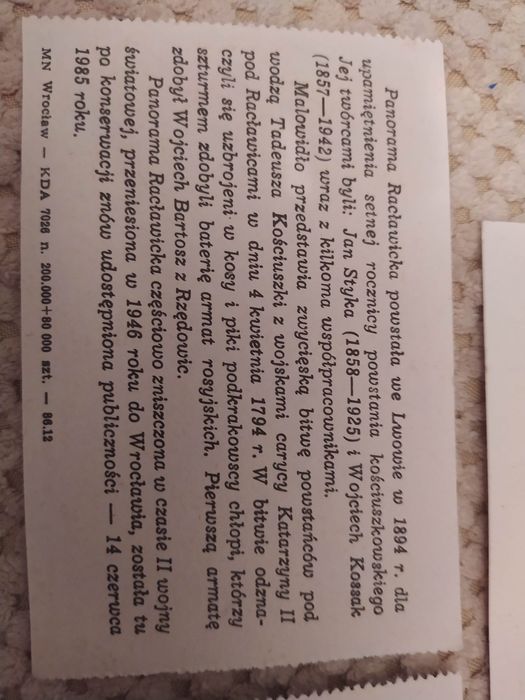 Panorama Racławicka karta kolekcjonerska bilety