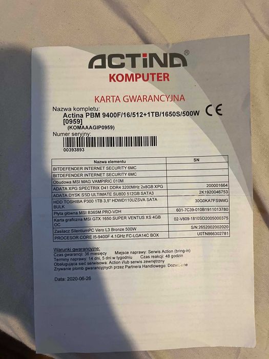 Zestaw Komputerowy do Gier i Nauki | i5-9400F / GTX 1650 Super / WIN 11 /  16GB RAM / SSD+HDD /