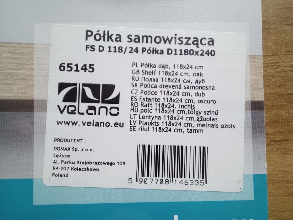 Półka samowisząca dąb 118x24