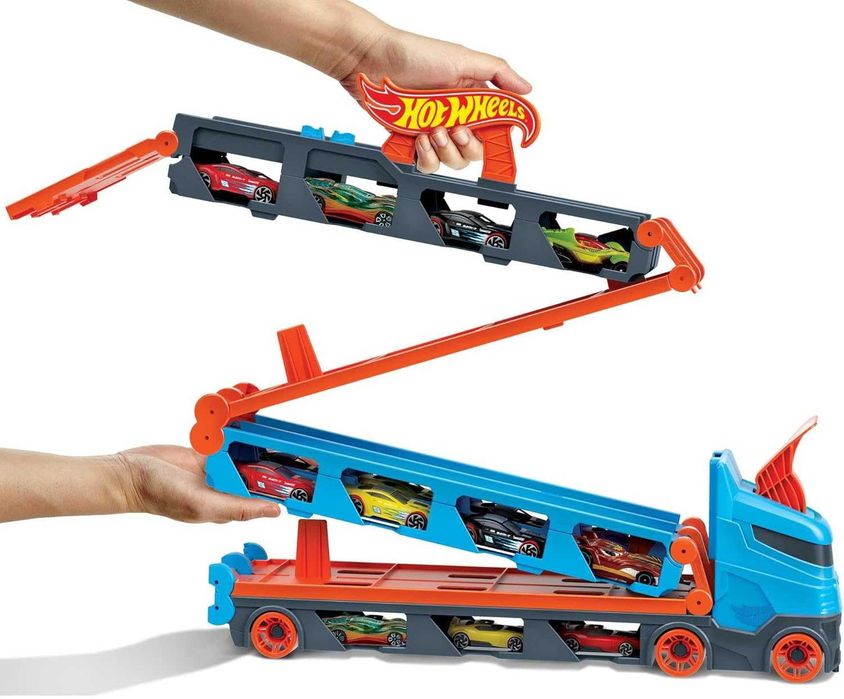 NOWY Hot Wheels Wyścigowy transporter 2w1 z 3 samochodzikami w skali 1:64 GVG37