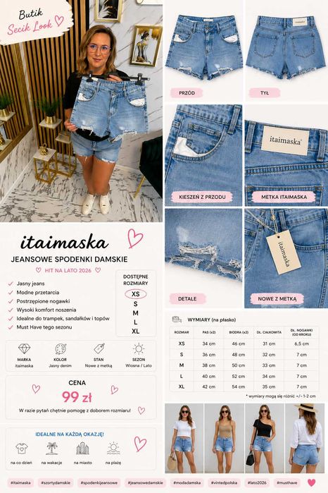 Itaimaska Jeansowe Spodenki Damskie XS Jeans Nowe z Metką