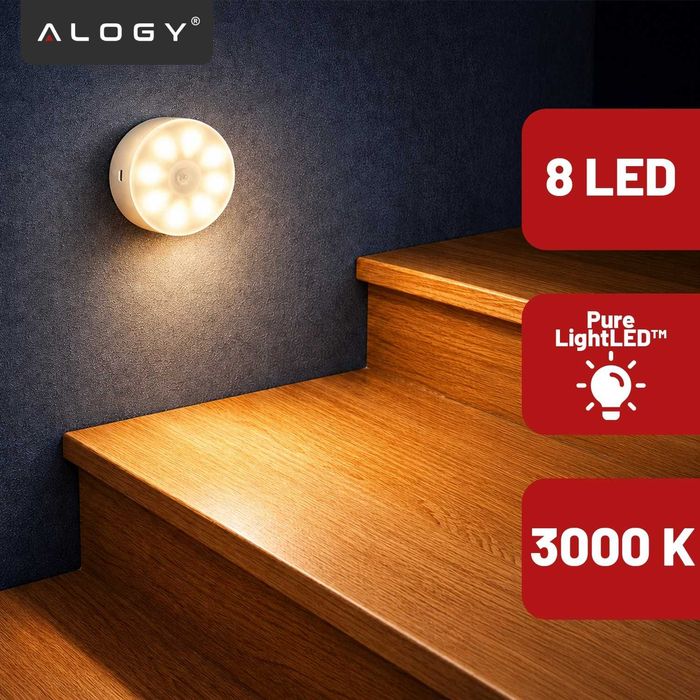 Lampka LED z Czujnikiem Ruchu Nocna Bezprzewodowa Ciepła 3000K USB 8cm