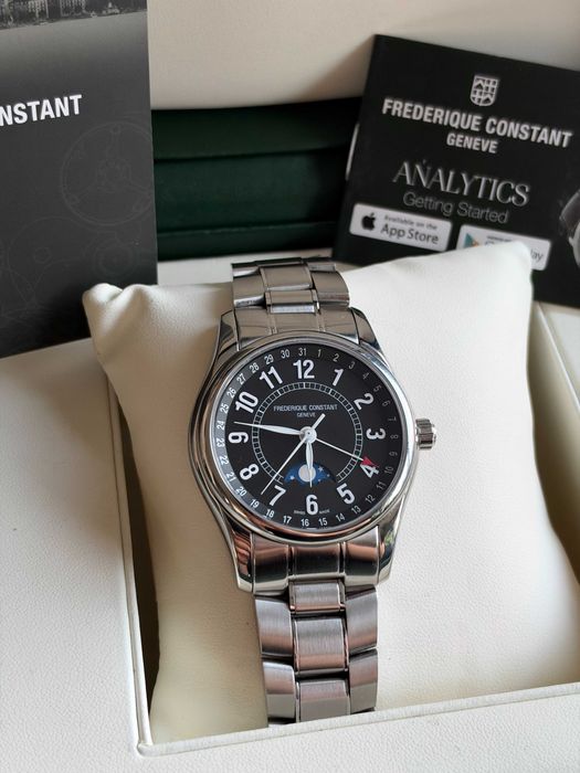 Frederique Constant Classics Moonphase Date - męski elegancki zegarek na bransolecie, w pełnym secie. Datownik, fazy księżyca. Automat.