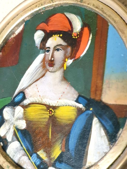 Pequena invulgar antiga pintura miniatura-retrato de uma Senhora nobre