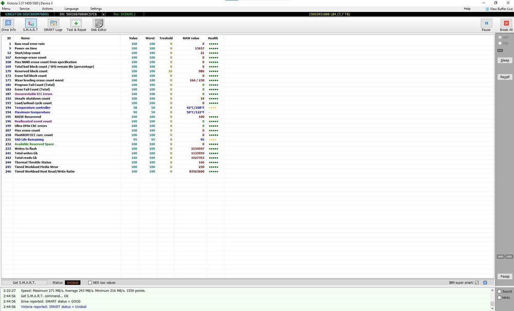 SSD диск Kingston Enterprise DC600M 7.68TB 2.5" SATAIII 3D TLC Б/У