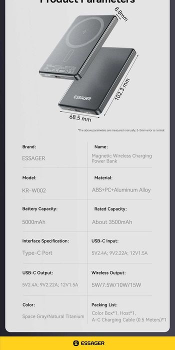 5000mAh Power Bank PD20W,Magnetic Magsafe 15W .(ESSAGER)