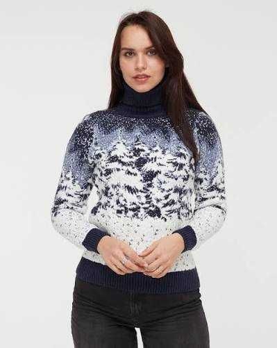 Sweter damski zimowy las golf wełna jagnięca z kaszmirem