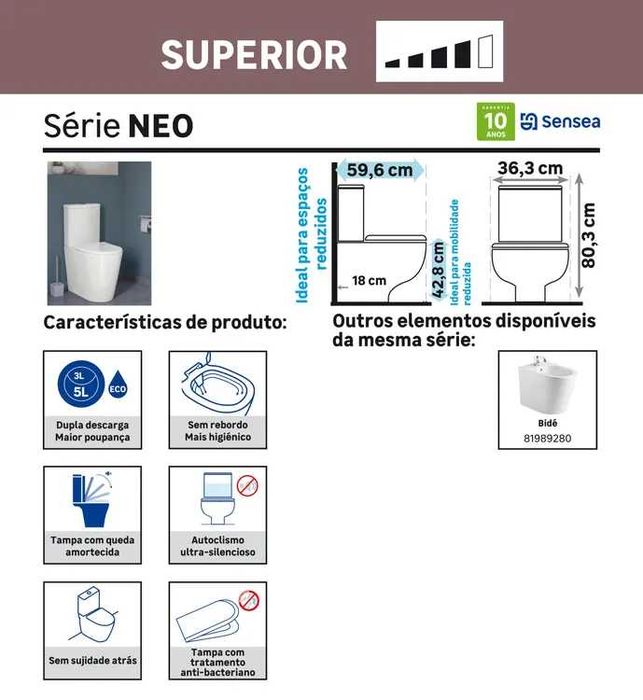 Conjunto do Pack sanita dual back to wall rimless e do Bidé branco Sensea Neo