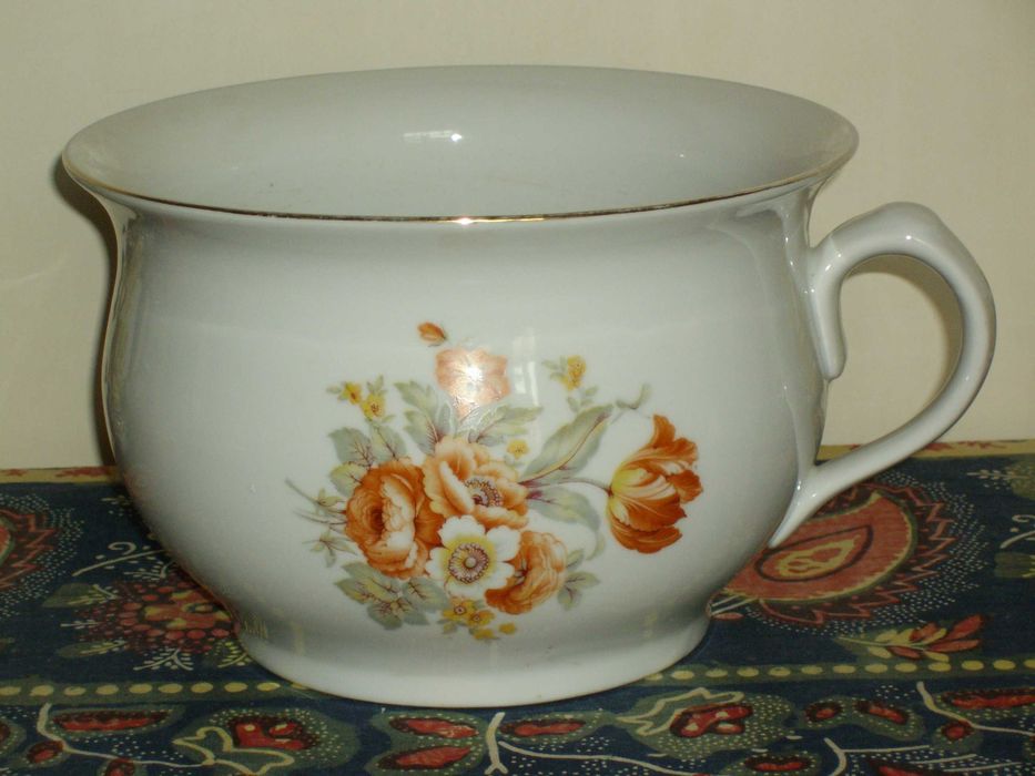 Penico Antigo Vista Alegre - Pintado - Flores Vermelhas e Fio Dourado