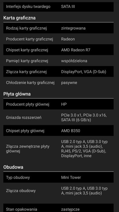 Szybki lekki komputer HP 705 G3 4x3.5 GHZ 16 GB DDR4 USB Front