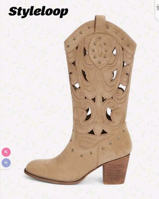Styleloop Botas ocidentais Decoração cravejada Salto Grosso
