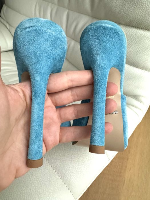 Блакитні мюлі Oksana Khmara. Голубые, бирюзовые босоножки на каблуке