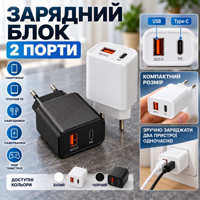 Зарядний адаптер 2 порти USB + Type-C